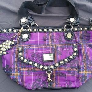 Betsey Johnson purple plaid studded purse, EUC